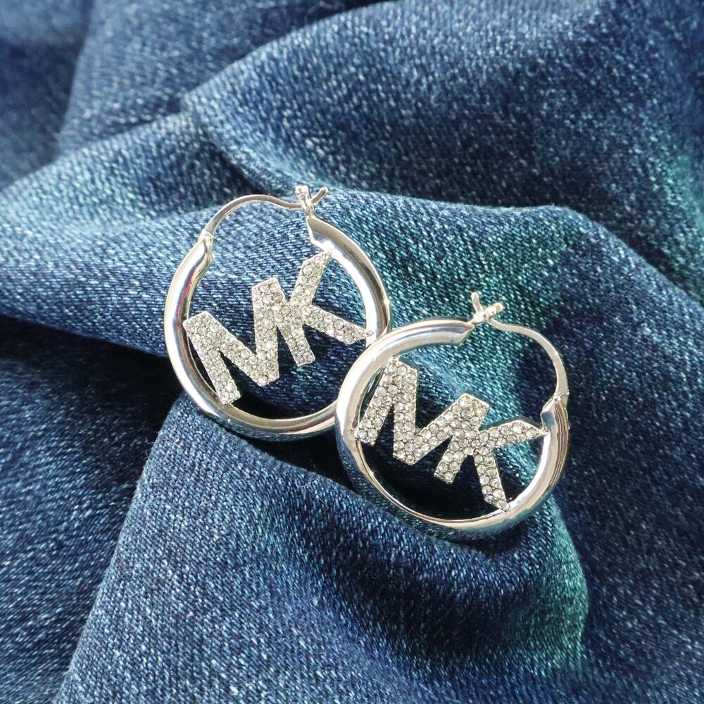 Michael Kors Pave Hollow Logo Silver Plated Hoop Earrings